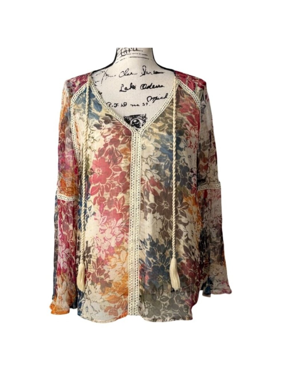 Sundance Womens Size L Floral Top Flowy Boho Blouse Tassel-Ties Crochet-Trim